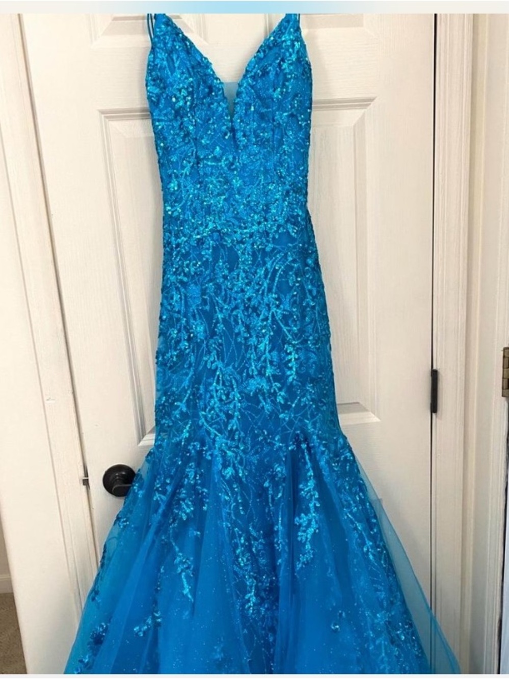 Mon Cheri Turquoise Blue Beaded Mermaid Prom Dress